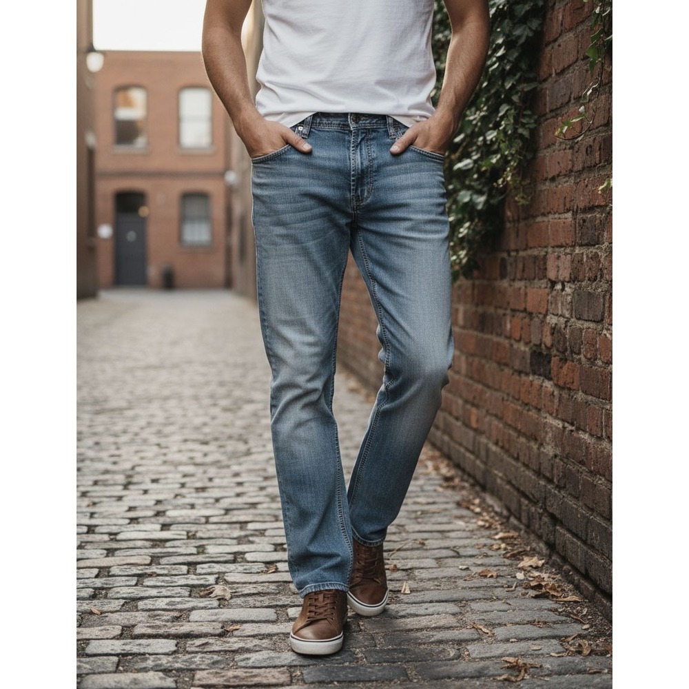 Axel‎ Mens Straight Leg Jeans Medium Wash Blue Denim Embroidered Pockets 30x27